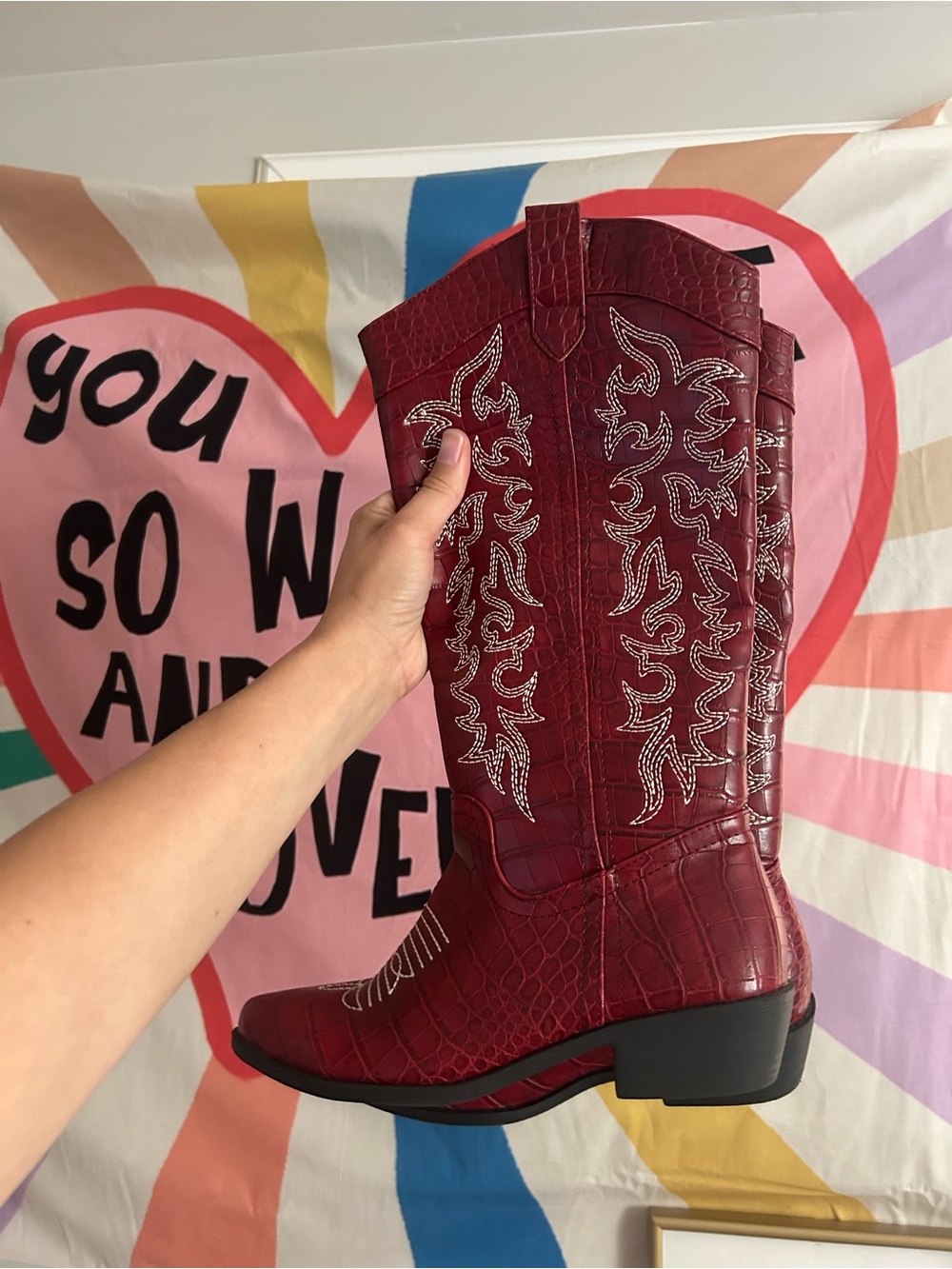 Women's Red Embossed Western Cowboy Boots
